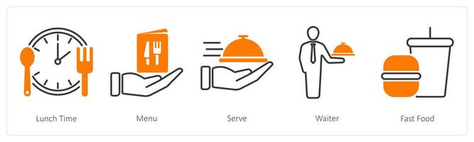 A set of 5 Restaurant icons as lunch time, menu, serve vector