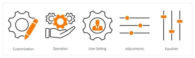 A set of 5 Settings icons as customization, operation, user setting vector