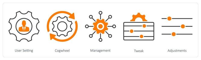 A set of 5 Settings icons as user setting, cogwheel, management vector