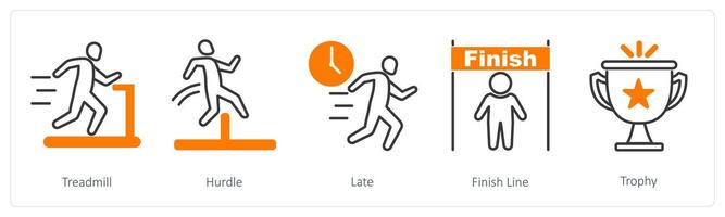 A set of 5 Running icons as treadmill, hurdle, late vector