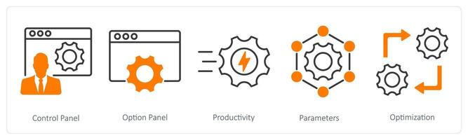 A set of 5 Settings icons as control panel, option paanel, productivity vector