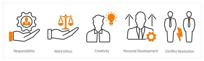 A set of 5 Soft Skills icons as responsibility, work ethics, creativity vector