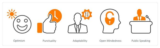 A set of 5 Soft Skills icons as optimism, punctuality, adaptability vector