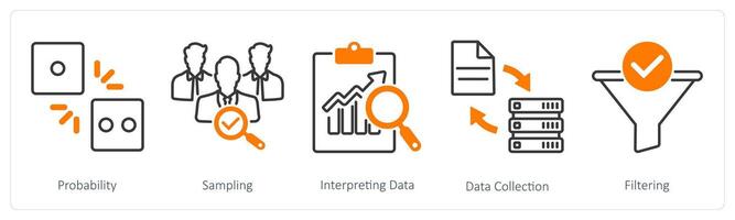 A set of 5 Statistics icons as probability, sampling, interpreting data vector