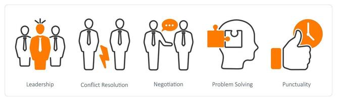 A set of 5 Soft Skills icons as leadership, conflict resolution, negotiation vector