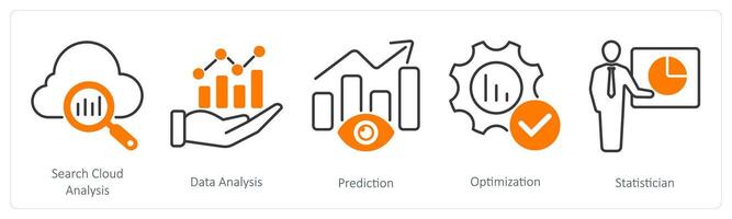 A set of 5 Statistics icons as search cloud analysis, data analysis, prediction vector