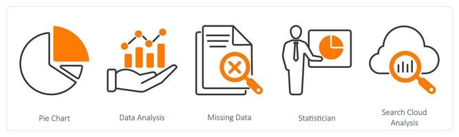 A set of 5 Statistics icons as pie chart, data analysis, missing data vector