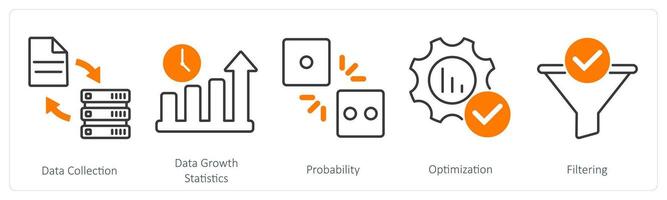 A set of 5 Statistics icons as data collection, data growth statistics, probability vector