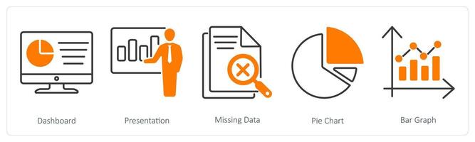 A set of 5 Statistics icons as dashboard, presentation, missing data vector