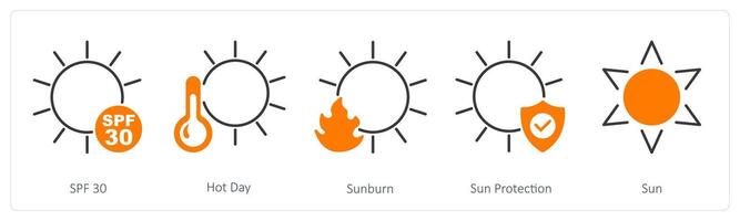 A set of 5 Sun Protection icons as spf 30, hot day, sunburn vector