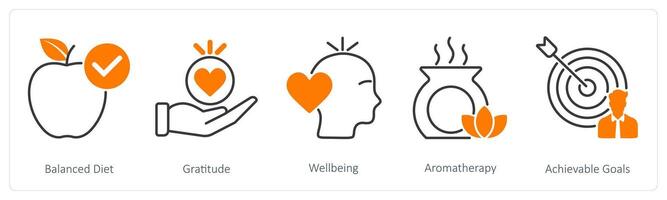 A set of 5 Wellness icons as balanced diet, gratitude, well being vector