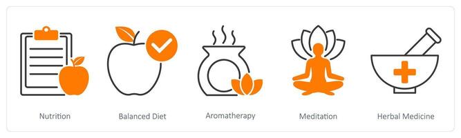 A set of 5 Wellness icons as nutrition, balanced diet, aromatherapy vector