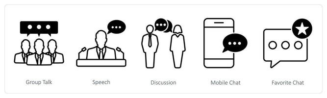 A set of 5 communication icons as group talk, speech, discussion, mobile chat vector