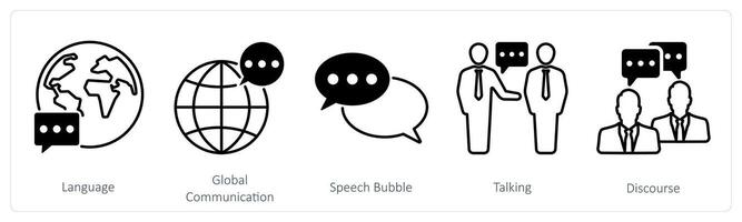 A set of 5 communication icons as language, global communication, speech bubble vector