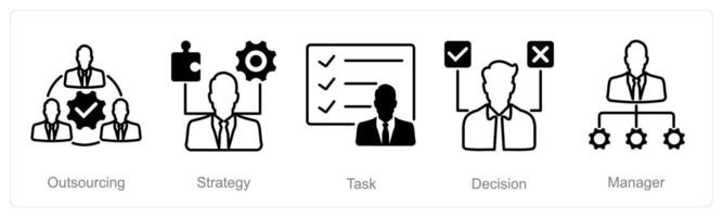 A set of 5 Project Management icons as outsourcing, strategy, task vector