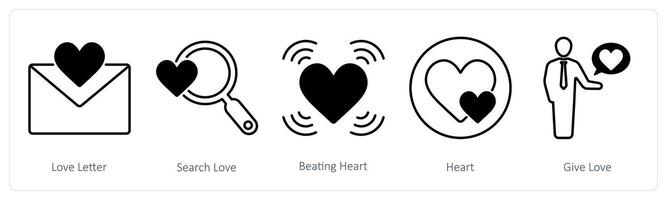 A set of 5 Love and Romance icons as love letter, search love, beating heart vector