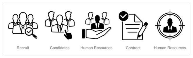 A set of 5 recruitment icons as recruit, candidates, human resources vector