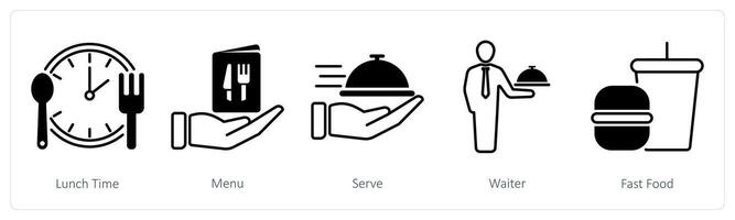 A set of 5 Restaurant icons as lunch time, menu, serve vector
