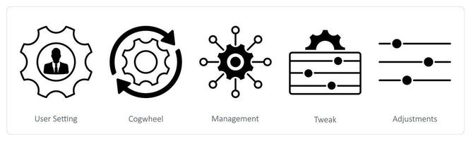 A set of 5 Settings icons as user setting, cogwheel, management vector