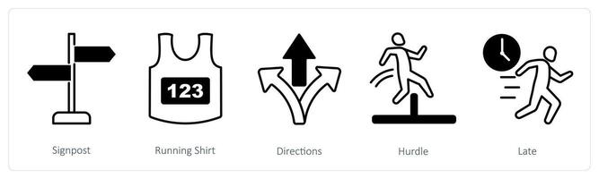 A set of 5 Running icons as signpost, running shirt, directions vector