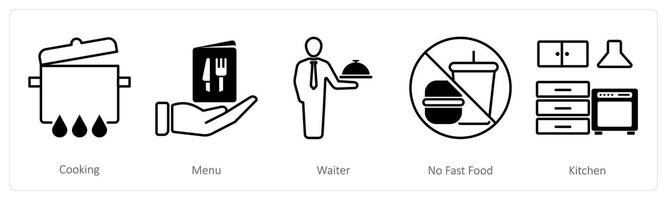 A set of 5 Restaurant icons as cooking, menu, waiter vector