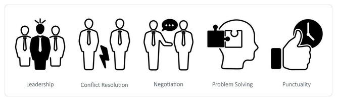 A set of 5 Soft Skills icons as leadership, conflict resolution, negotiation vector