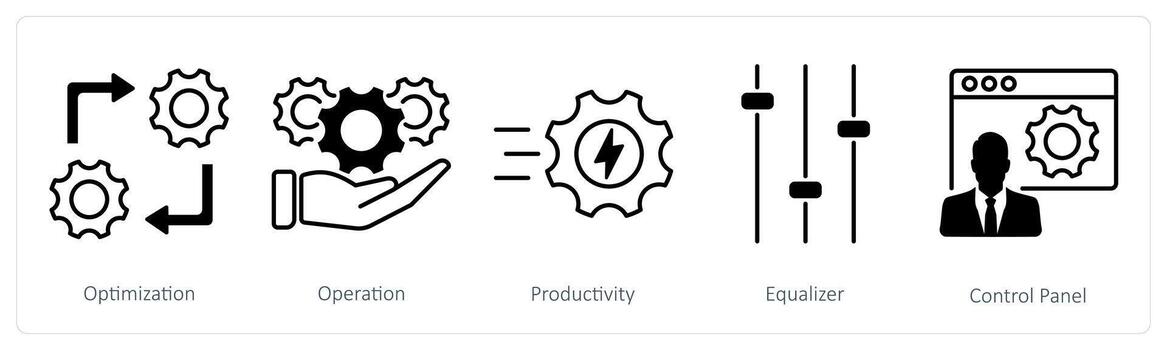 A set of 5 Settings icons as optimization, operation, productivity vector