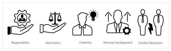 A set of 5 Soft Skills icons as responsibility, work ethics, creativity vector