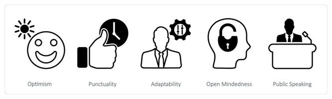 A set of 5 Soft Skills icons as optimism, punctuality, adaptability vector