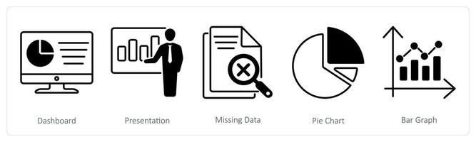 A set of 5 Statistics icons as dashboard, presentation, missing data vector