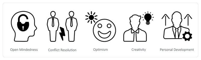 A set of 5 Soft Skills icons as open mindedness, conflict resolution, optimism vector