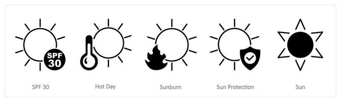 A set of 5 Sun Protection icons as spf 30, hot day, sunburn vector