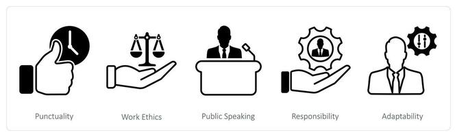 A set of 5 Soft Skills icons as punctuality, work ethics, public speaking vector