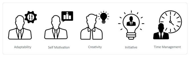 A set of 5 Soft Skills icons as adaptability, self motivation, creativity vector