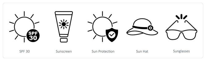 A set of 5 Sun Protection icons as spf 30, sunscreen, sun protection vector