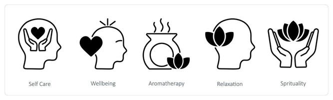 A set of 5 Wellness icons as self care, well being, aromatherapy vector