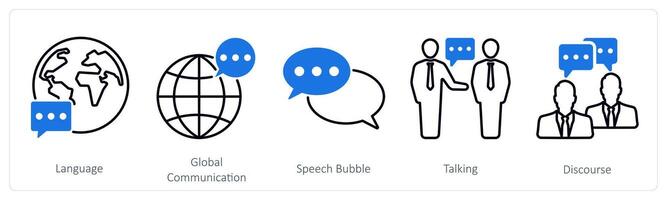A set of 5 communication icons as language, global communication, speech bubble vector