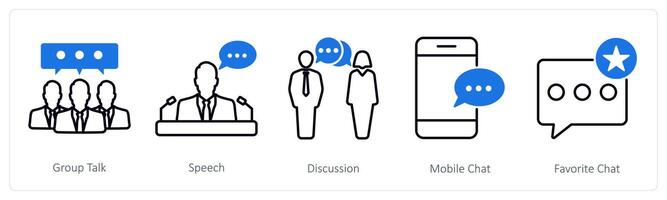 A set of 5 communication icons as group talk, speech, discussion, mobile chat vector
