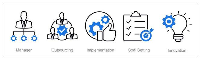 A set of 5 Project Management icons as manager, outsourcing, implementation vector
