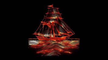 Neon frame effect sailing ship on the sea, glow, black background. video