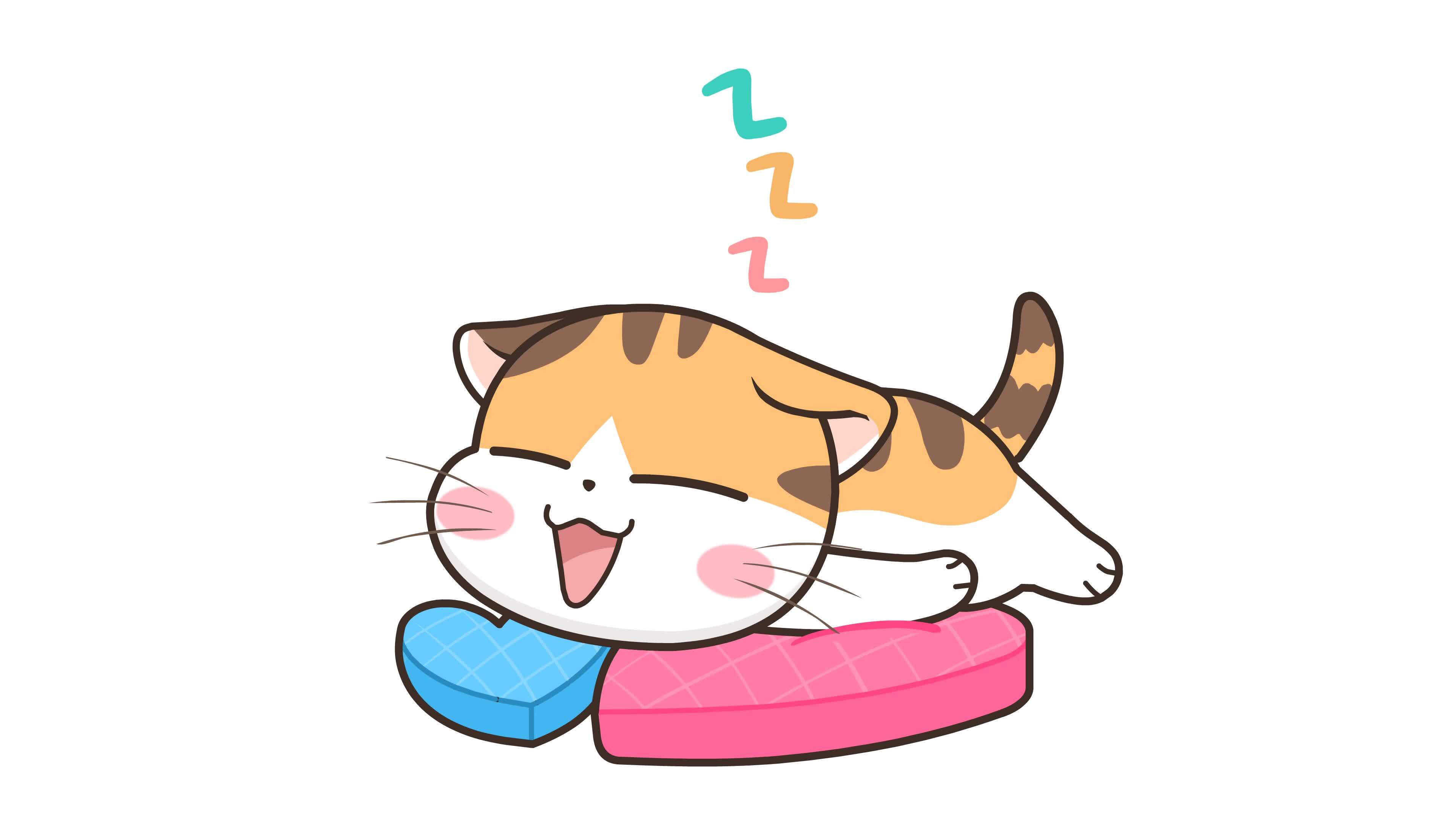 Animated Cat Kneading a Pillow and Then Lying Down White Background