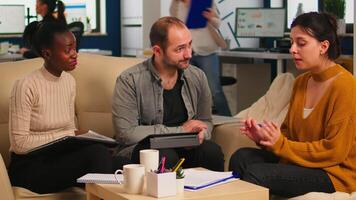 Diverse business people shaking hands, consultant greeting international clients with handshake and planning partnership deal with executive meeting shareholders in start up corporate office video