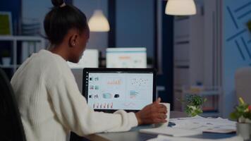 Black woman manager checking business statistics and financial reports on laptop working in start up office late at night. Focused employee doing overtime for job respecting deadline of project video