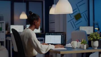 Engineer constructor designer architect creating new bluilding plan in CAD program working in business office. Industrial woman employee studying prototype idea showing cad software on device display video