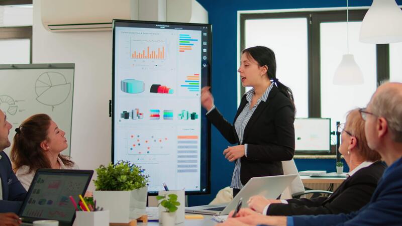 professioneel uitvoerend manager briefing haar collega's, uitleggen bedrijf strategie gedurende brainstormen. multi-etnisch mensen uit het bedrijfsleven werken in professioneel opstarten financieel kantoor gedurende conferentie 46404870 Stockvideo bij Vecteezy
