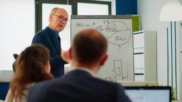 Elderly businessman giving presentation to multiethnic team of colleagues using flip chart, drawing, explaning financial graphs in meeting room. Manager interacting with audience at corporate workshop video