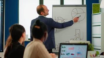 Professional business coache company leader teacher offering flip chart presentation explaining graphs, consulting with clients, training diverse workers group at conference meeting office, boardroom video