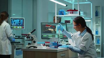 Scientist woman pipetting liquid to test tube working in equipped lab late at night. Chemists examining virus evolution using high tech for scientific analysis of treatment development against covid19 video