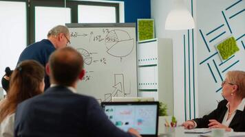 Confident man business coach giving flipchart presentation training diverse workers group at workshop, businessman presenter leader mentor explaining graph teaching team employees at corporate meeting video