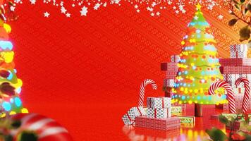 Christmas tree with garlands on red background, cartoon style sanimation, bright xmas tree and gift boxes appearing. Greeting card template, xmas banner, animated decoration. 3D render animation video